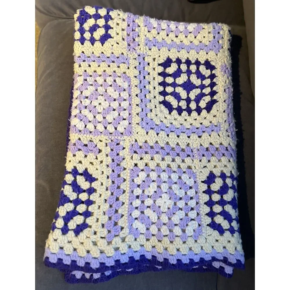 Vtg Purple White Crochet Handmade Afghan Throw Blanket Granny Square Style 48x64